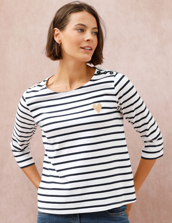 Marine-T-shirt met goudkleurig hartborduursel (wit / marine) Marine-T-shirt met goudkleurig hartborduursel (wit / marine)